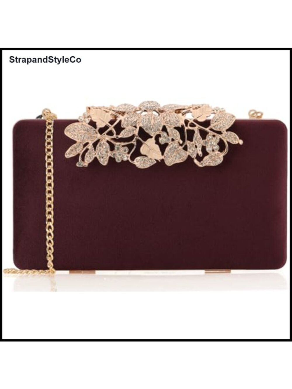 Velvet Evening Clutch with Rhinestone Flower Clasp Detachable Chain